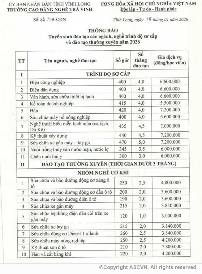 Thông báo tuyển sinh các ngành, nghề trình độ sơ cấp và đào tạo thường xuyên năm 2026